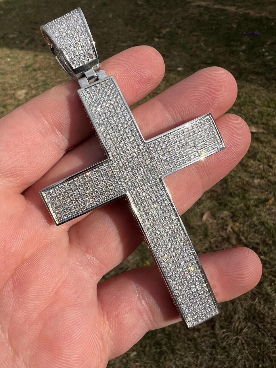 6.65ct Real DIAMOND Classic Iced Out Cross Pendant - 14k White Gold- Huge 4"