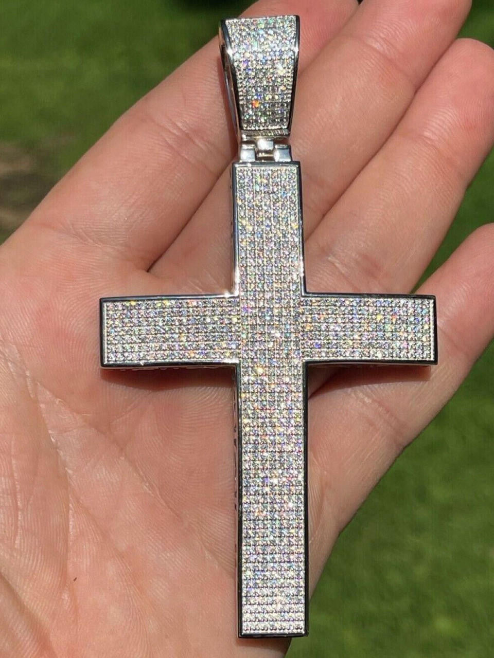 6.65ct Real DIAMOND Classic Iced Out Cross Pendant - 14k White Gold- Huge 4"
