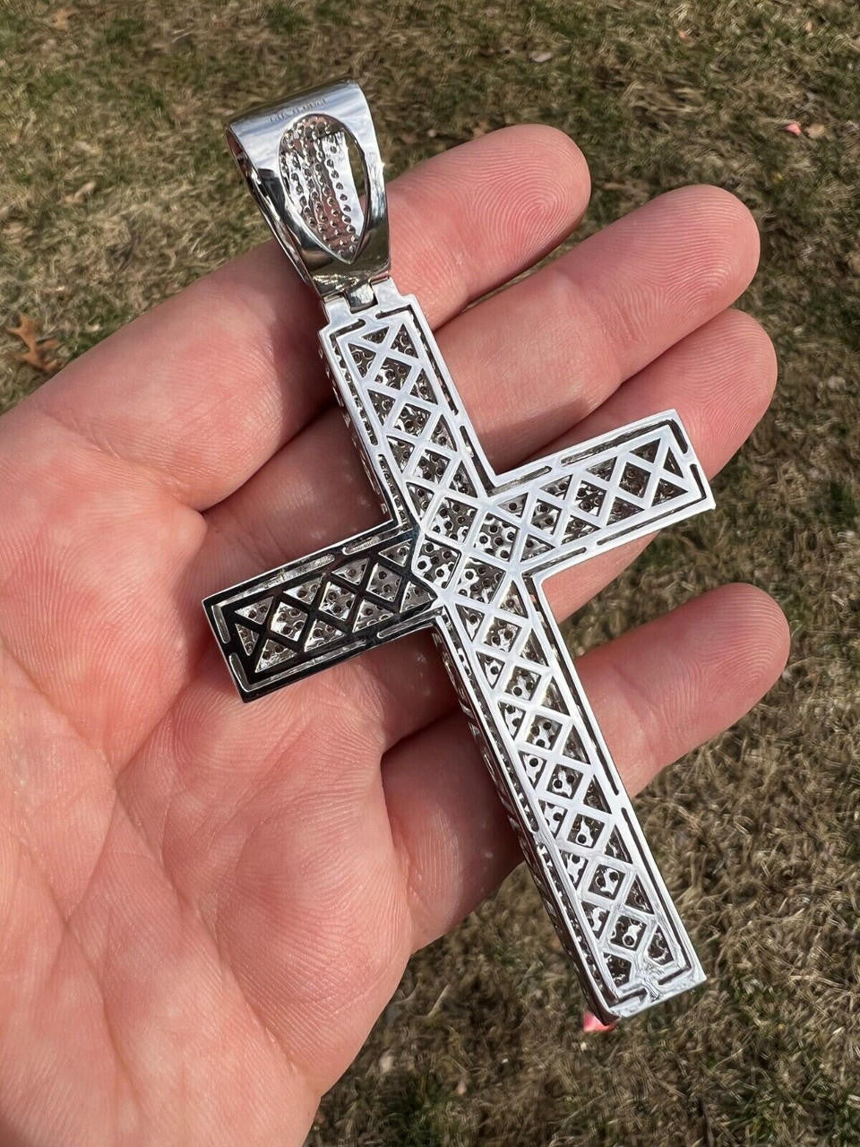 6.65ct Real DIAMOND Classic Iced Out Cross Pendant - 14k White Gold- Huge 4"