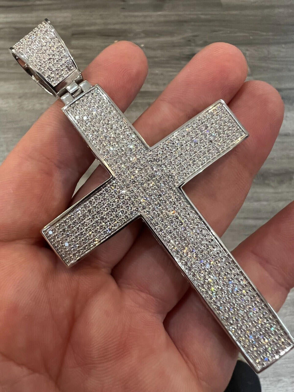 6.65ct Real DIAMOND Classic Iced Out Cross Pendant - 14k White Gold- Huge 4"