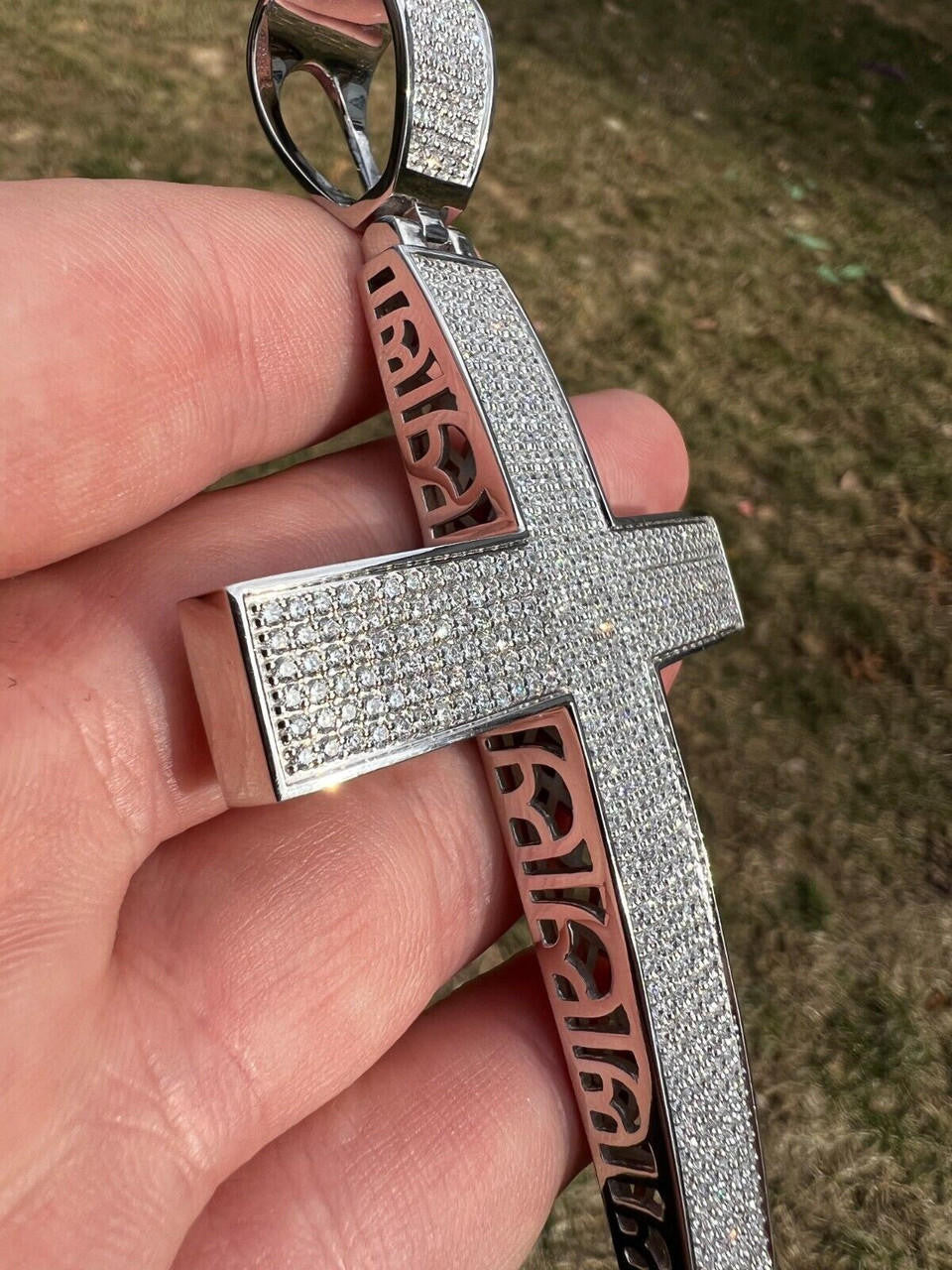6.65ct Real DIAMOND Classic Iced Out Cross Pendant - 14k White Gold- Huge 4"