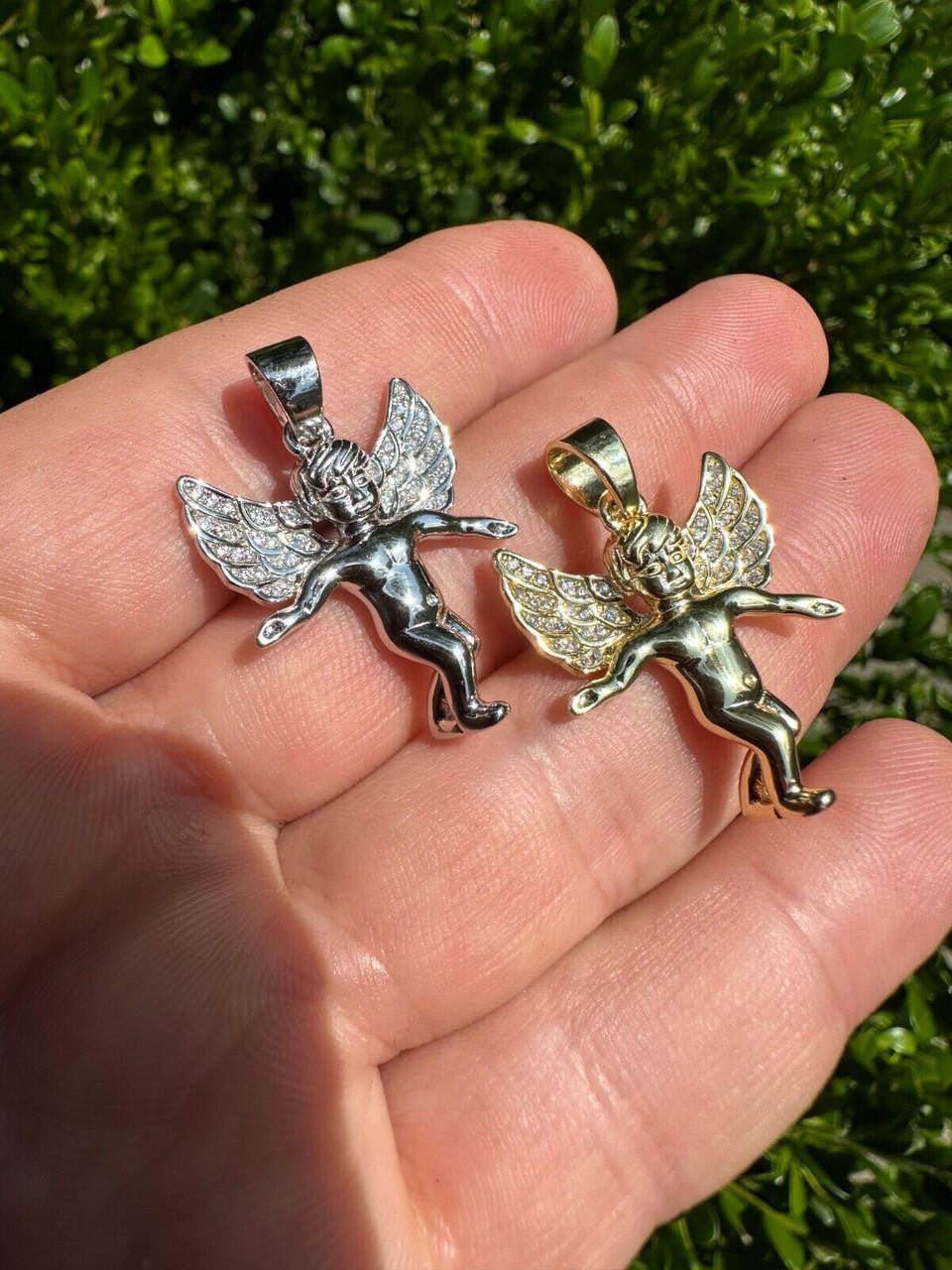 Guardian Micro Angel Hip Hop Pendant - 14k Gold Vermeil Or 925 Silver - CZ Stones - Small 1"