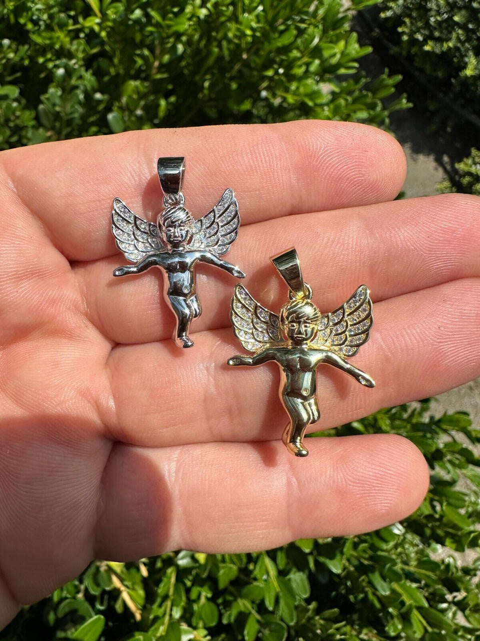 Guardian Micro Angel Hip Hop Pendant - 14k Gold Vermeil Or 925 Silver - CZ Stones - Small 1"