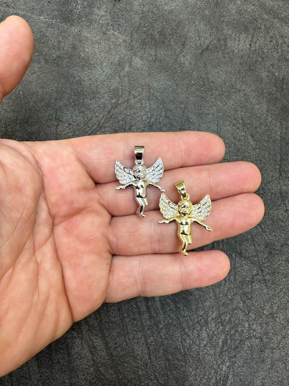 Guardian Micro Angel Hip Hop Pendant - 14k Gold Vermeil Or 925 Silver - CZ Stones - Small 1"