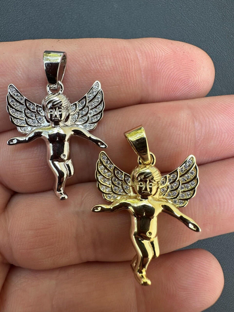 Guardian Micro Angel Hip Hop Pendant - 14k Gold Vermeil Or 925 Silver - CZ Stones - Small 1"