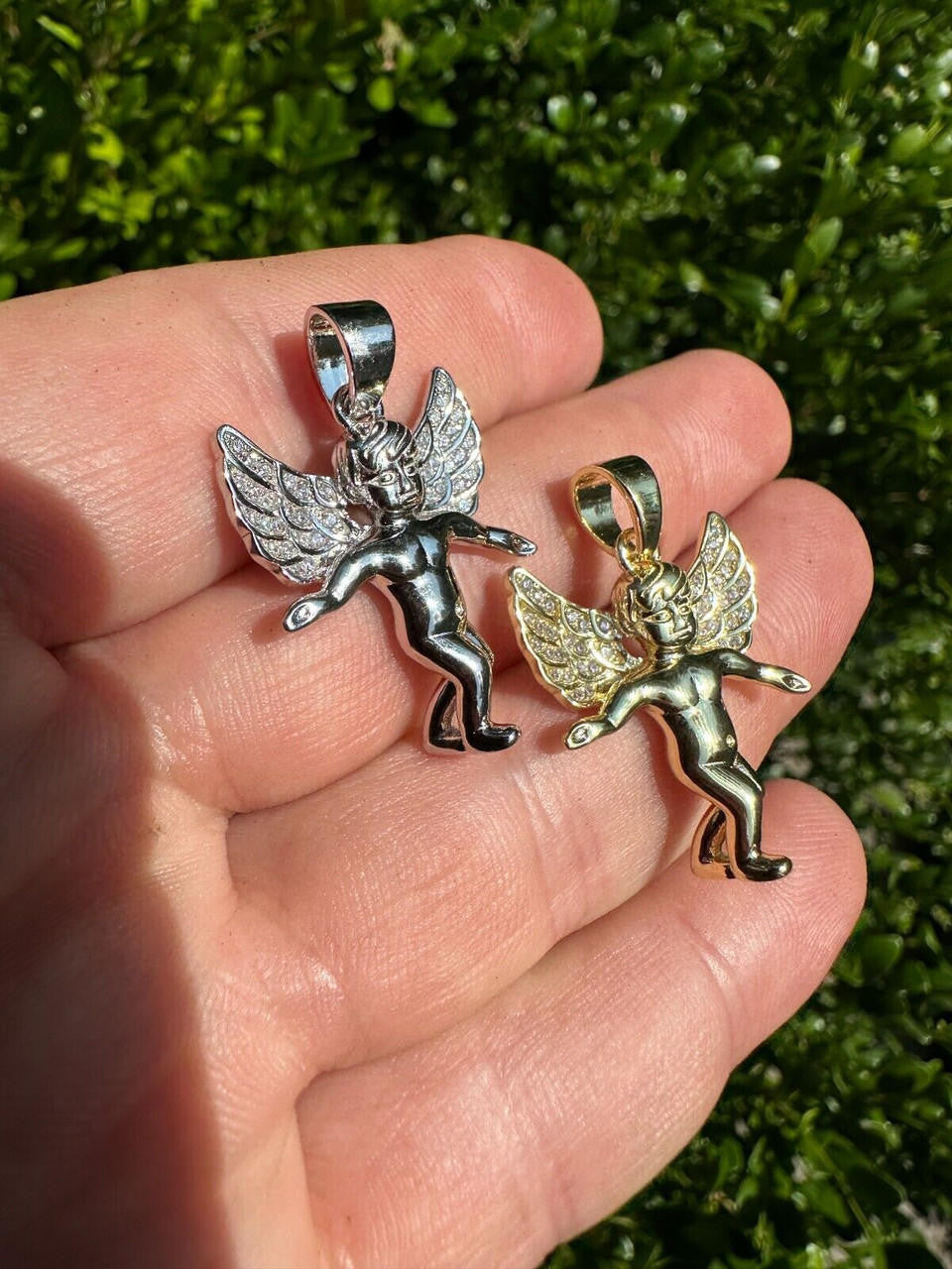 Guardian Micro Angel Hip Hop Pendant - 14k Gold Vermeil Or 925 Silver - CZ Stones - Small 1"
