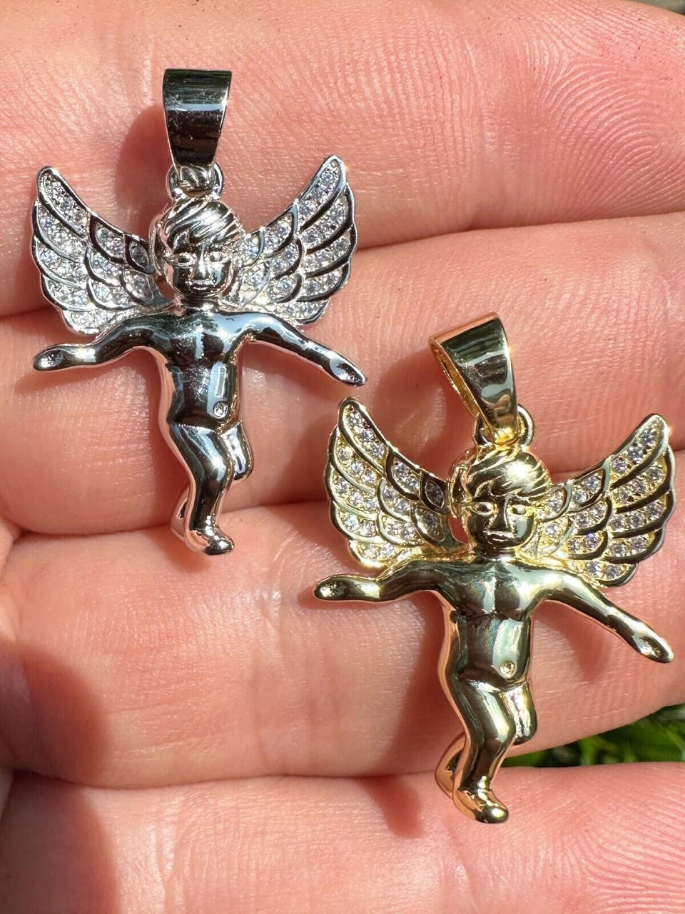 Guardian Micro Angel Hip Hop Pendant - 14k Gold Vermeil Or 925 Silver - CZ Stones - Small 1"
