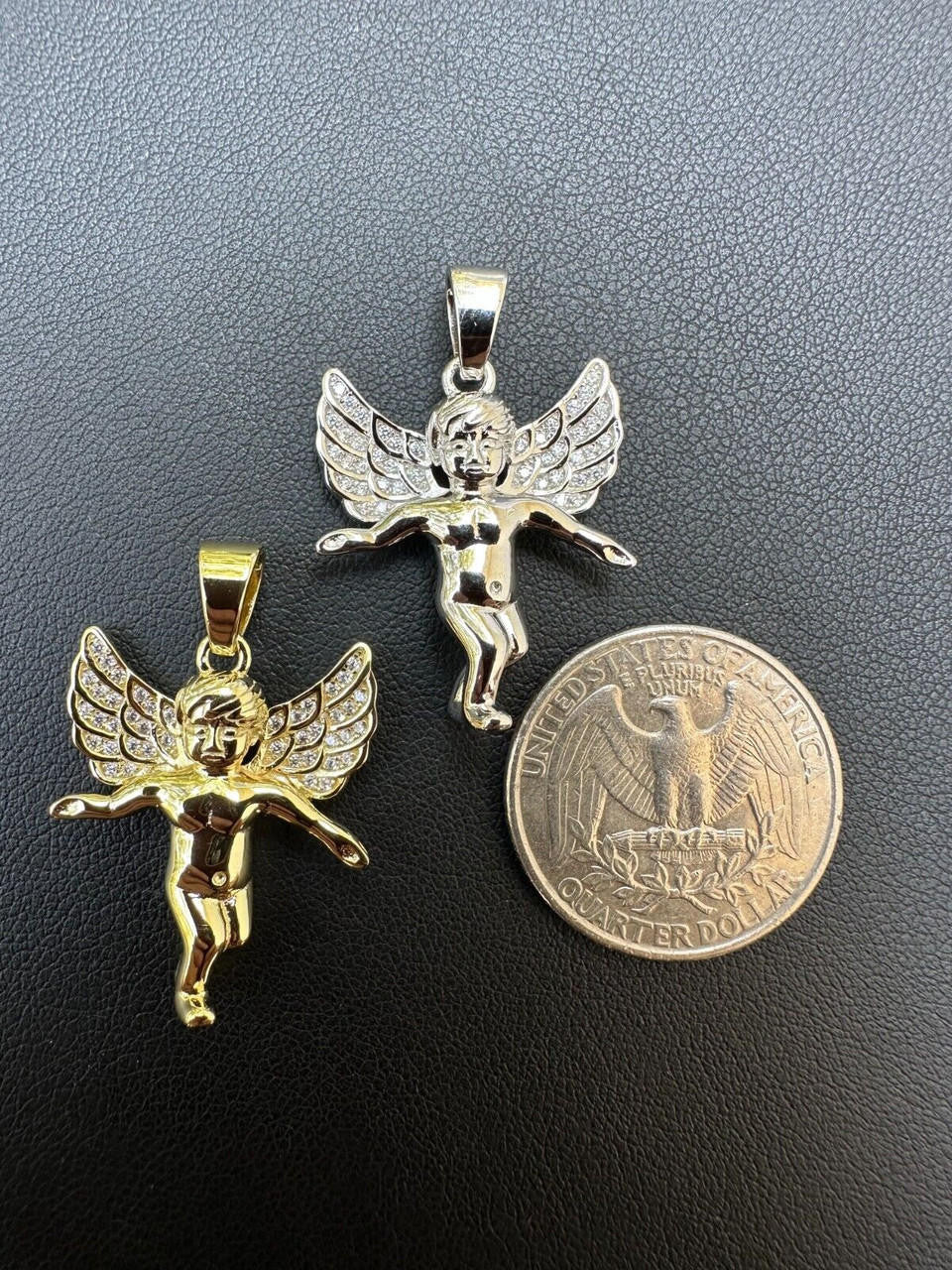Guardian Micro Angel Hip Hop Pendant - 14k Gold Vermeil Or 925 Silver - CZ Stones - Small 1"