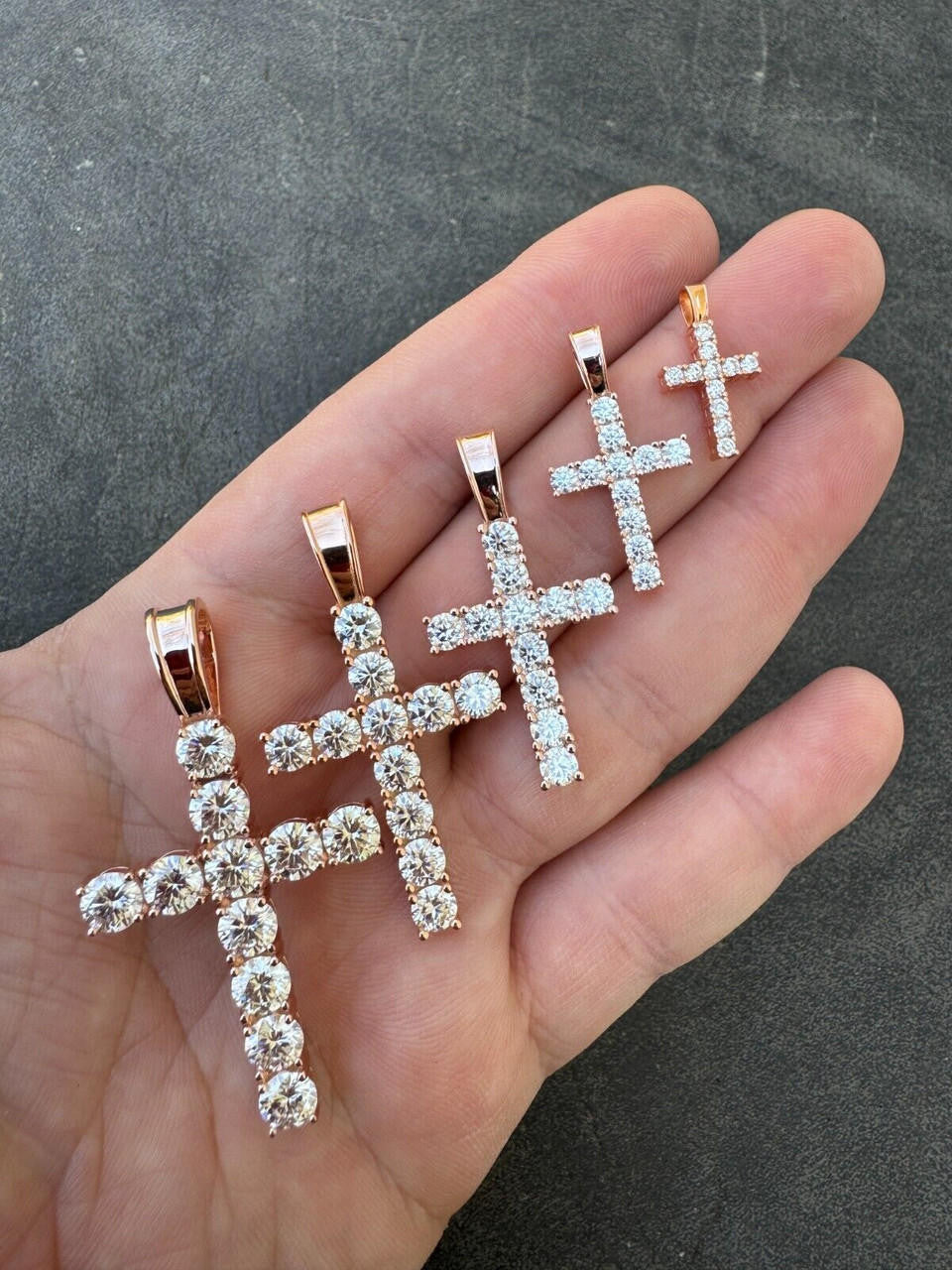 MOISSANITE Tennis Cross - 14k Rose Vermeil 925 Silver  - 5 Sizes 0.75"-2.25"
