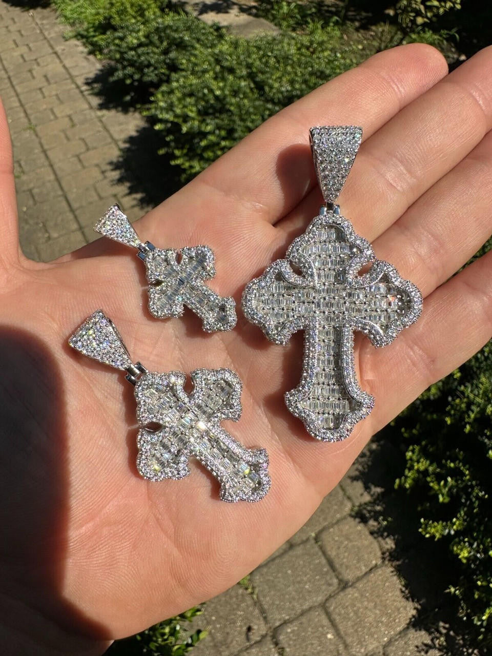 MOISSANITE Baguette Gothic Tupac Cross Pendant - 925 Silver - 3 Sizes 1.5"-2.75"