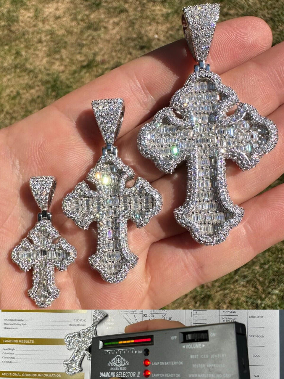 MOISSANITE Baguette Gothic Tupac Cross Pendant - 925 Silver - 3 Sizes 1.5"-2.75"