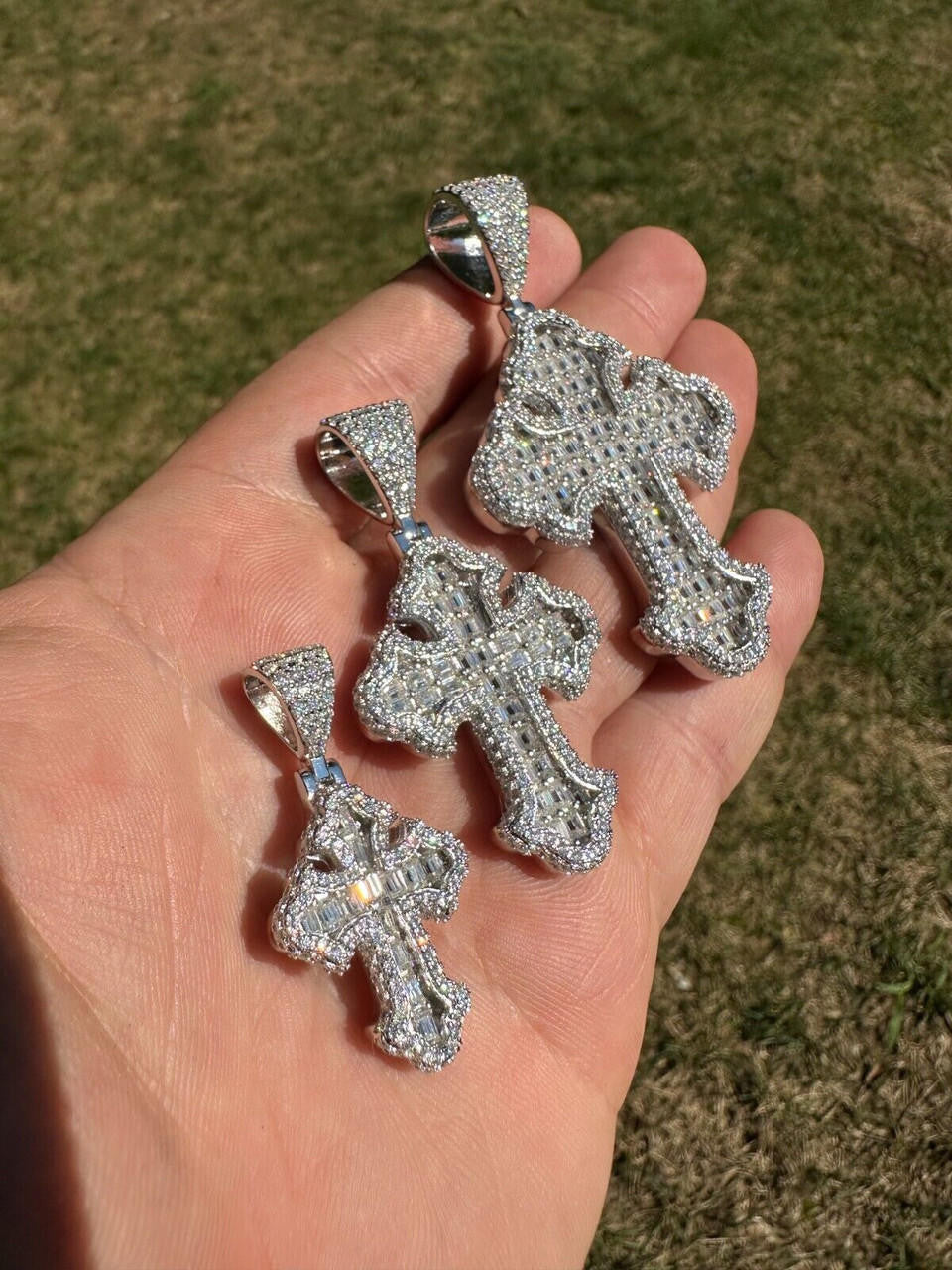 MOISSANITE Baguette Gothic Tupac Cross Pendant - 925 Silver - 3 Sizes 1.5"-2.75"