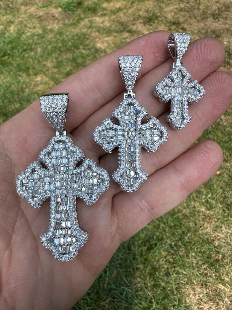 MOISSANITE Baguette Gothic Tupac Cross Pendant - 925 Silver - 3 Sizes 1.5"-2.75"