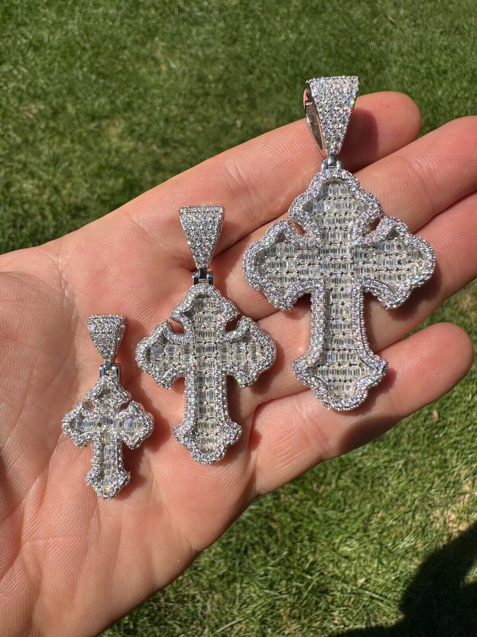 MOISSANITE Baguette Gothic Tupac Cross Pendant - 925 Silver - 3 Sizes 1.5"-2.75"