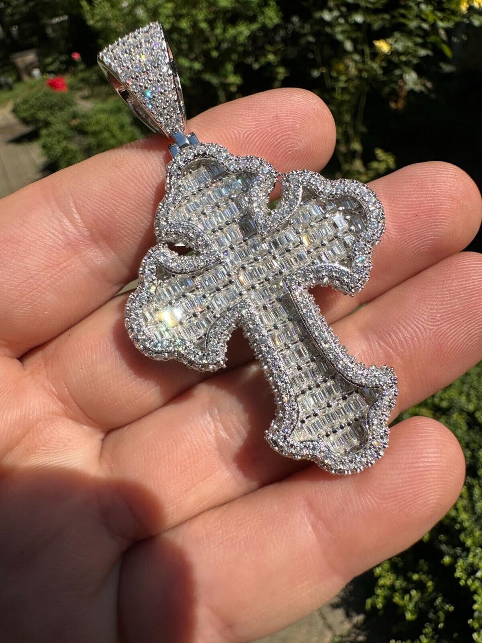 MOISSANITE Baguette Gothic Tupac Cross Pendant - 925 Silver - 3 Sizes 1.5"-2.75"