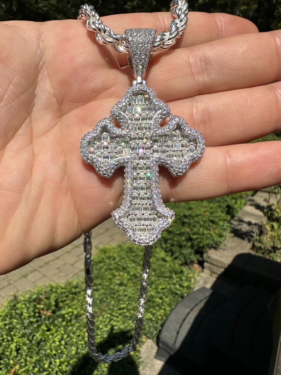 MOISSANITE Baguette Gothic Tupac Cross Pendant - 925 Silver - 3 Sizes 1.5"-2.75"