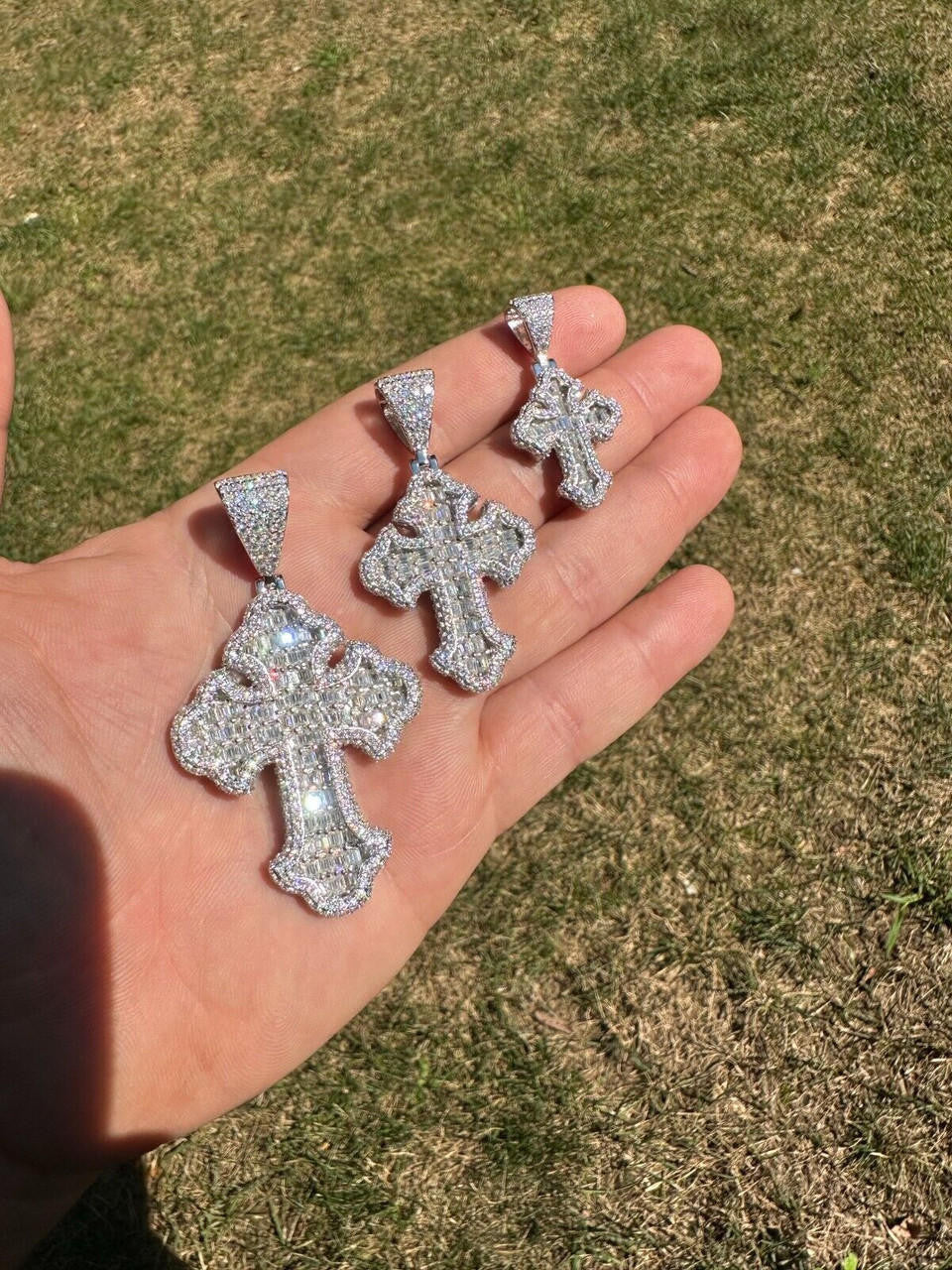 MOISSANITE Baguette Gothic Tupac Cross Pendant - 925 Silver - 3 Sizes 1.5"-2.75"