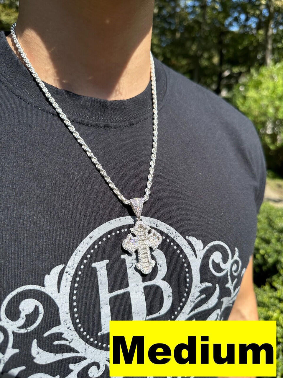 MOISSANITE Baguette Gothic Tupac Cross Pendant - 925 Silver - 3 Sizes 1.5"-2.75"