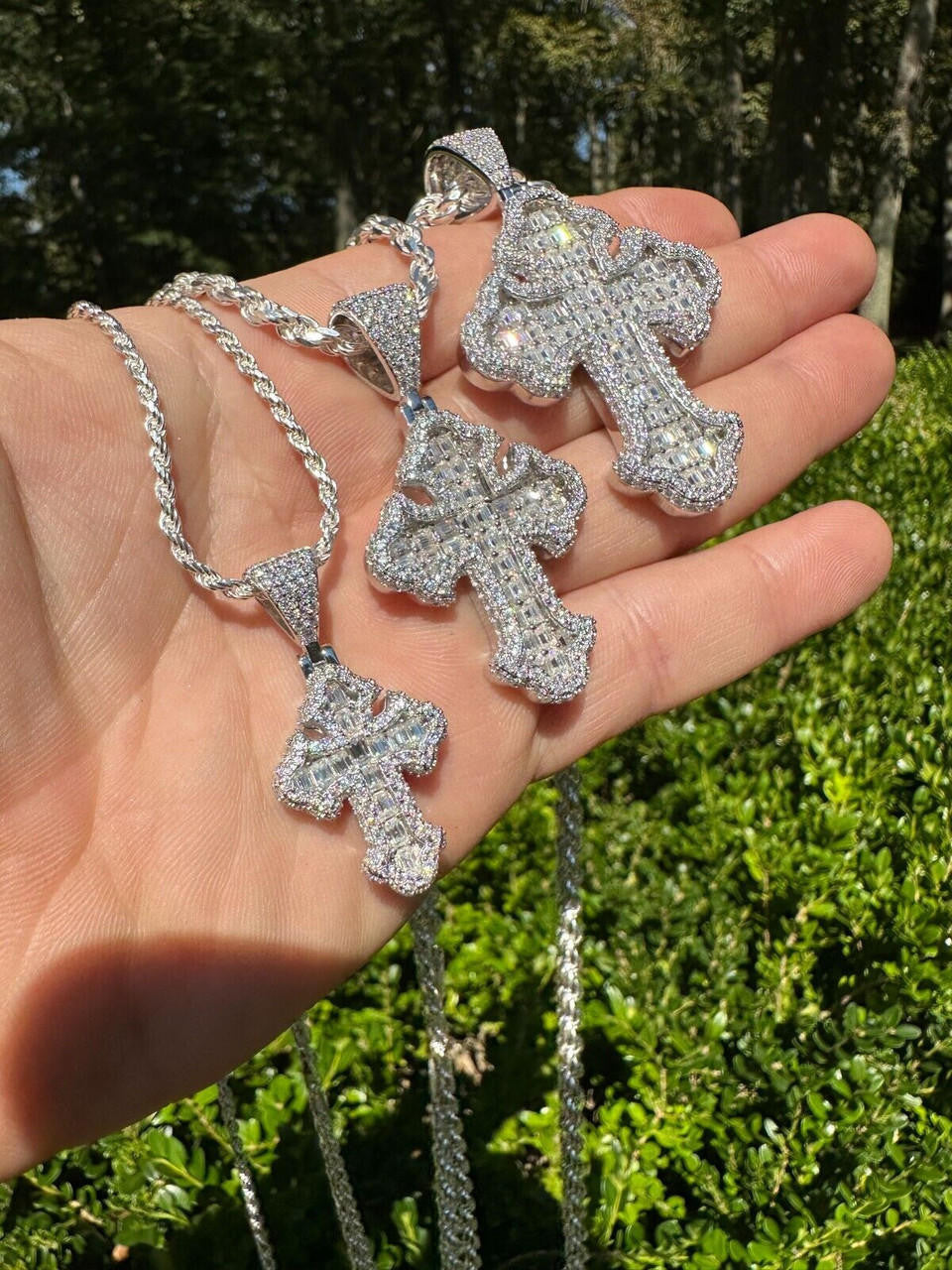 MOISSANITE Baguette Gothic Tupac Cross Pendant - 925 Silver - 3 Sizes 1.5"-2.75"