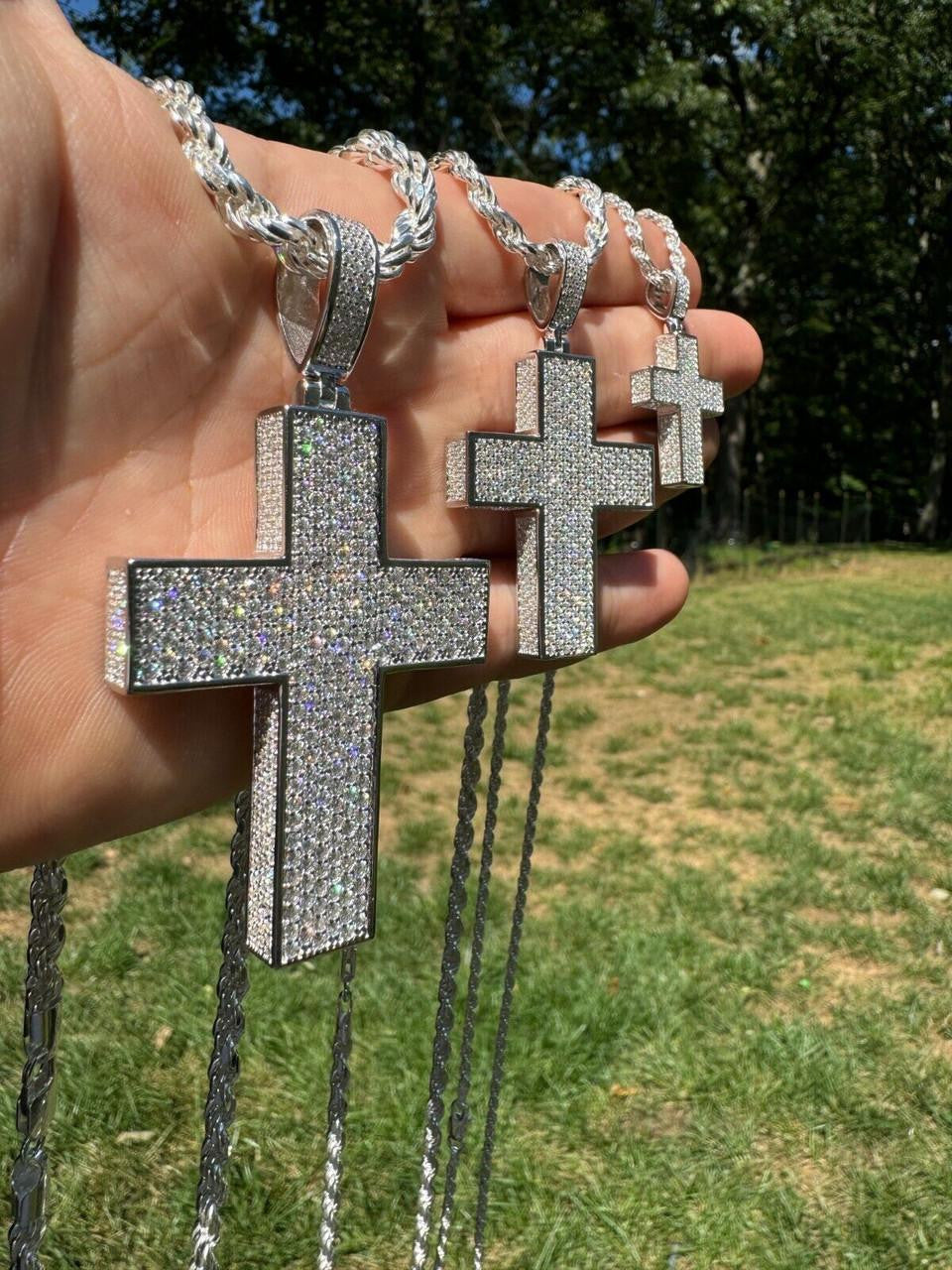 MOISSANITE Boss From All Sides 3D Iced Out Cross Pendant - 925 Silver - 3 Sizes 1.25"-3.5"