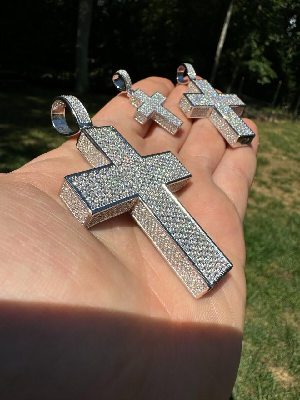 MOISSANITE Boss From All Sides 3D Iced Out Cross Pendant - 925 Silver - 3 Sizes 1.25"-3.5"