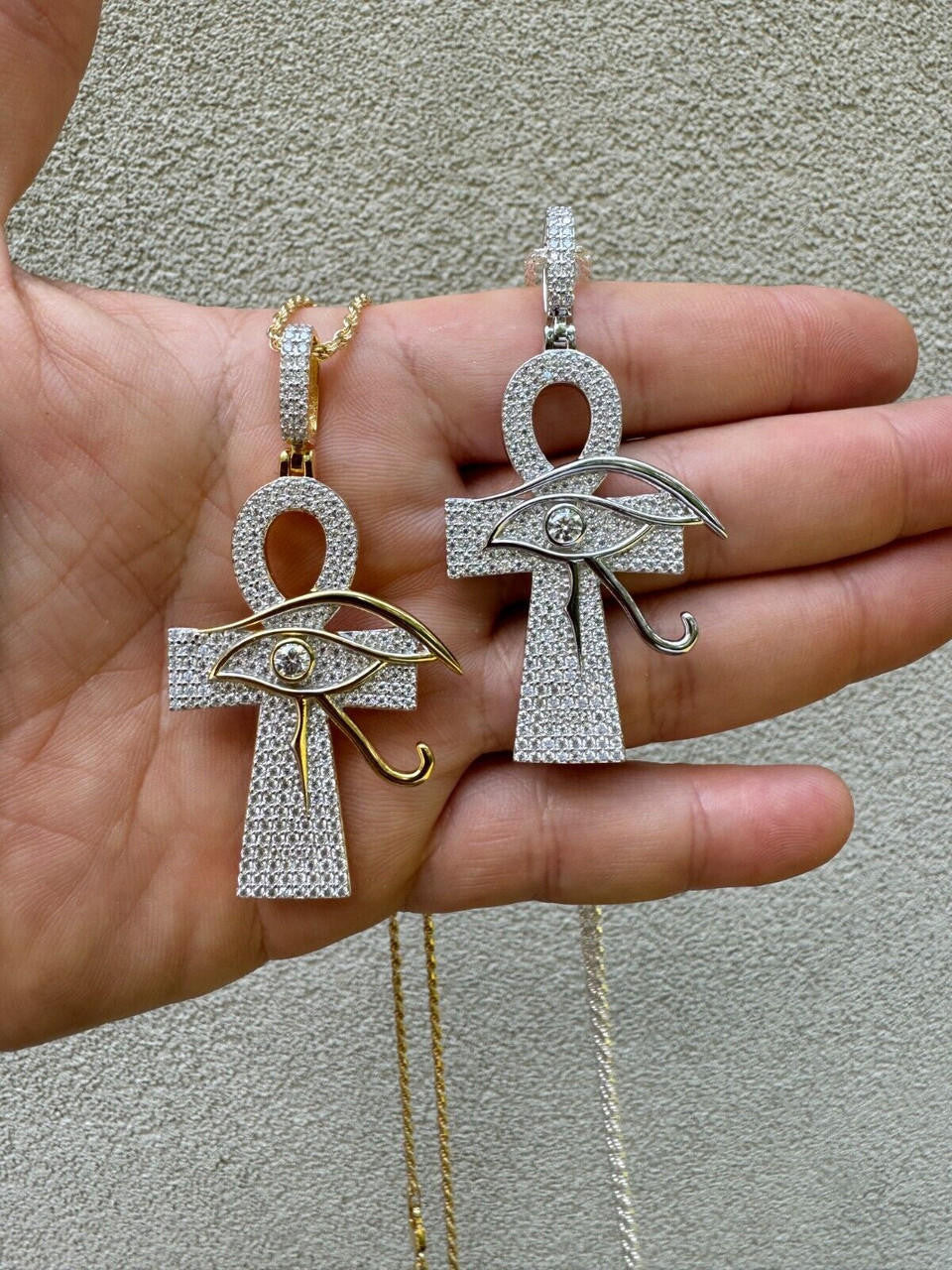 MOISSANITE Ankh Cross W. Eye Of Horus Pendant - 14k Gold Vermeil Or 925 Silver - Large 2.5"