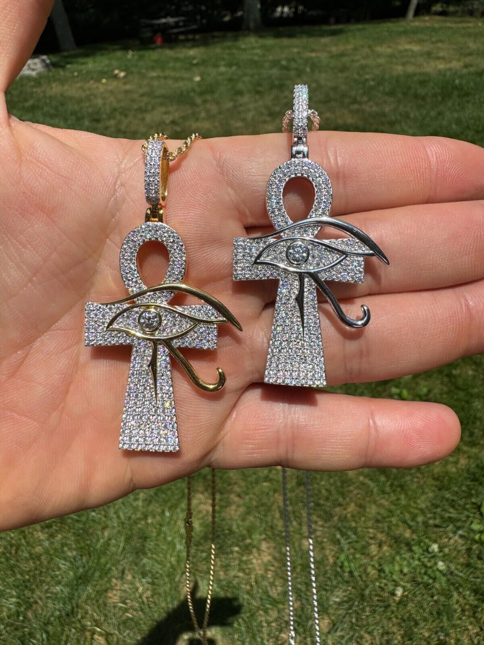 MOISSANITE Ankh Cross W. Eye Of Horus Pendant - 14k Gold Vermeil Or 925 Silver - Large 2.5"