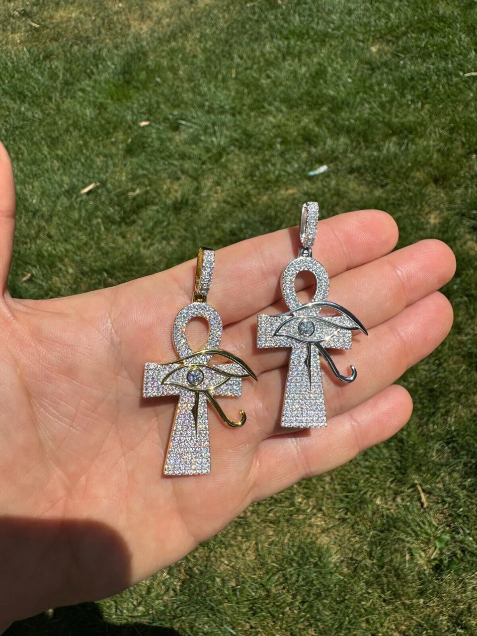MOISSANITE Ankh Cross W. Eye Of Horus Pendant - 14k Gold Vermeil Or 925 Silver - Large 2.5"