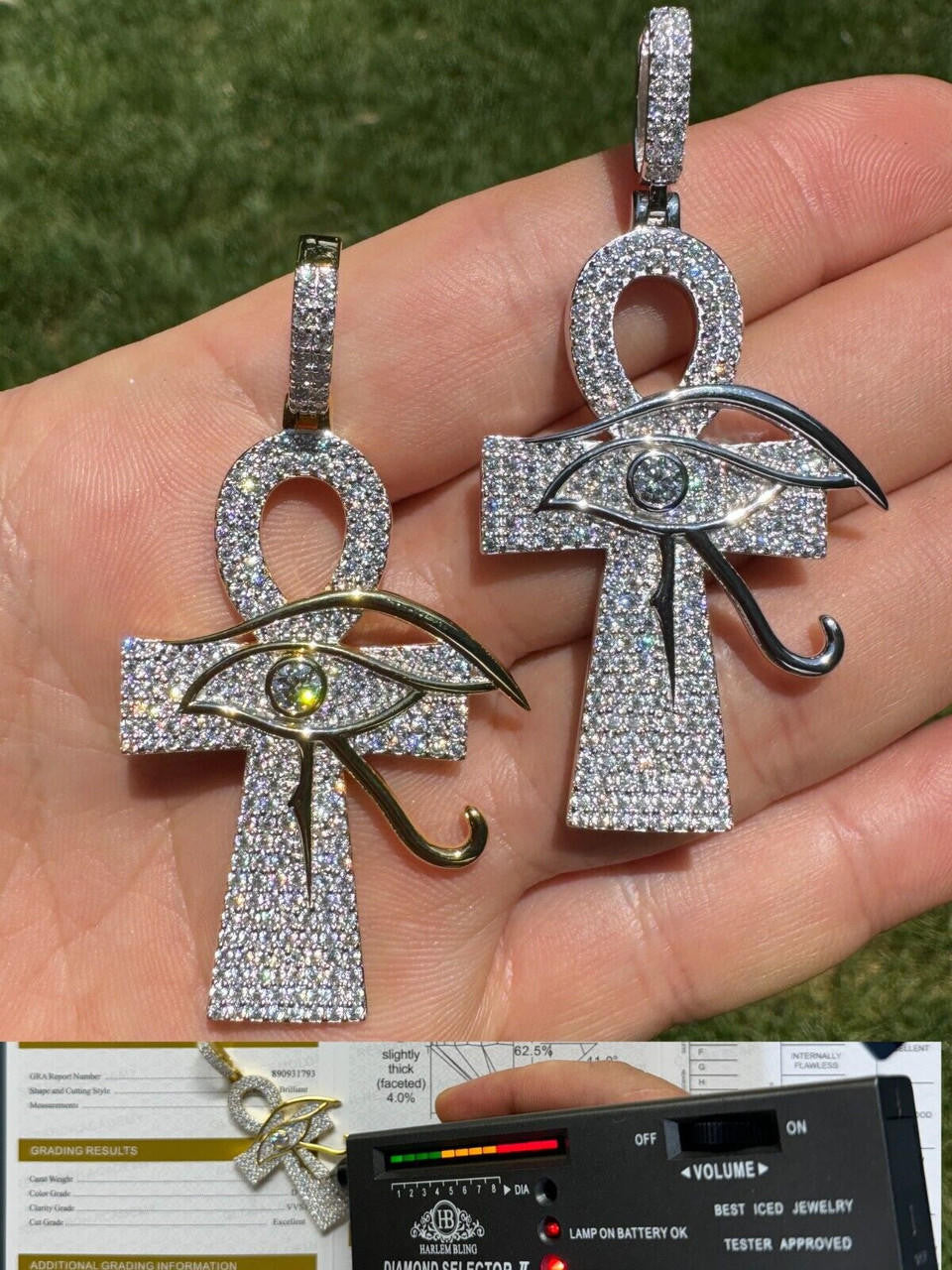 MOISSANITE Ankh Cross W. Eye Of Horus Pendant - 14k Gold Vermeil Or 925 Silver - Large 2.5"