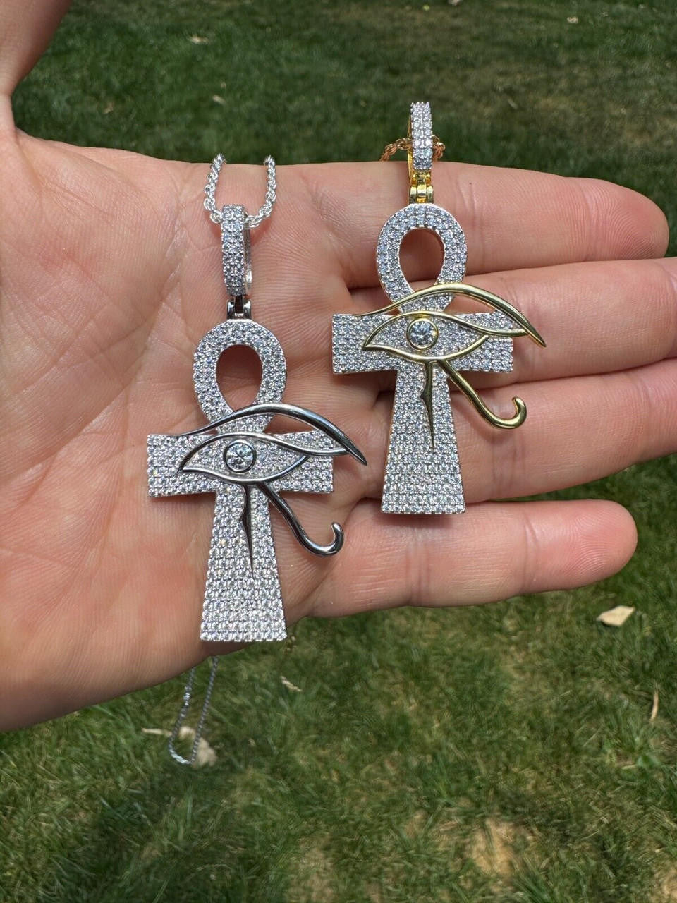 MOISSANITE Ankh Cross W. Eye Of Horus Pendant - 14k Gold Vermeil Or 925 Silver - Large 2.5"