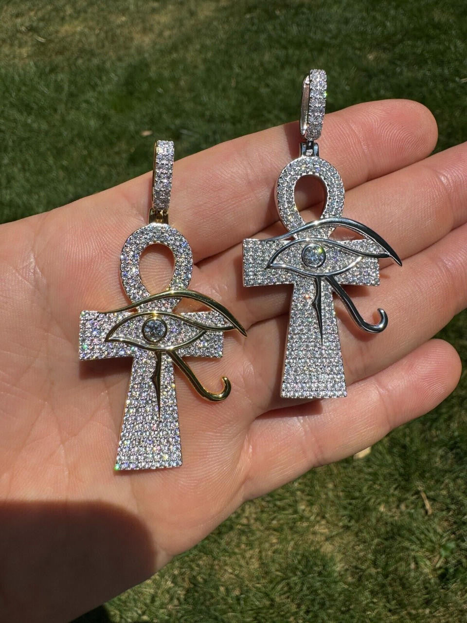 MOISSANITE Ankh Cross W. Eye Of Horus Pendant - 14k Gold Vermeil Or 925 Silver - Large 2.5"
