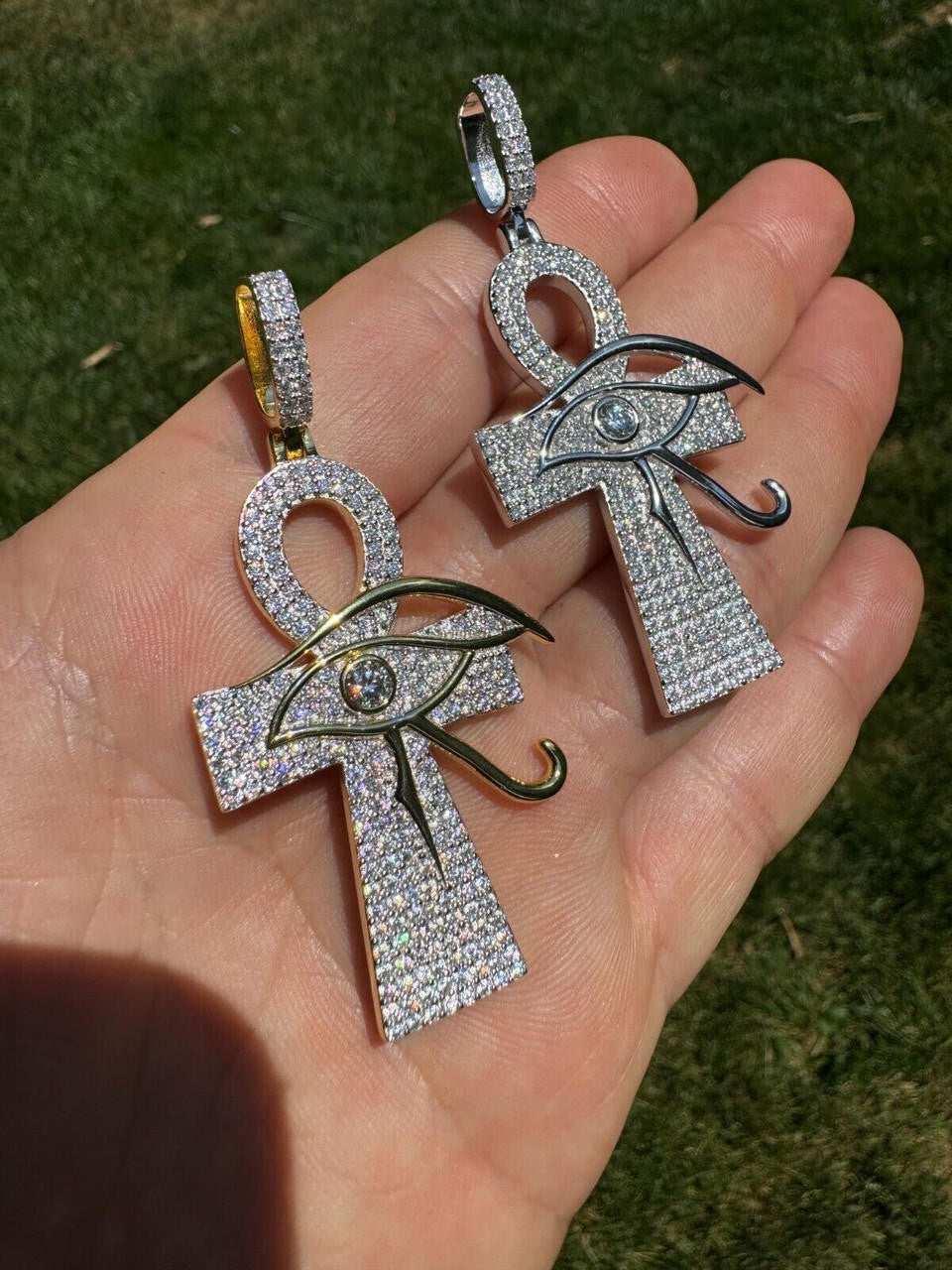 MOISSANITE Ankh Cross W. Eye Of Horus Pendant - 14k Gold Vermeil Or 925 Silver - Large 2.5"