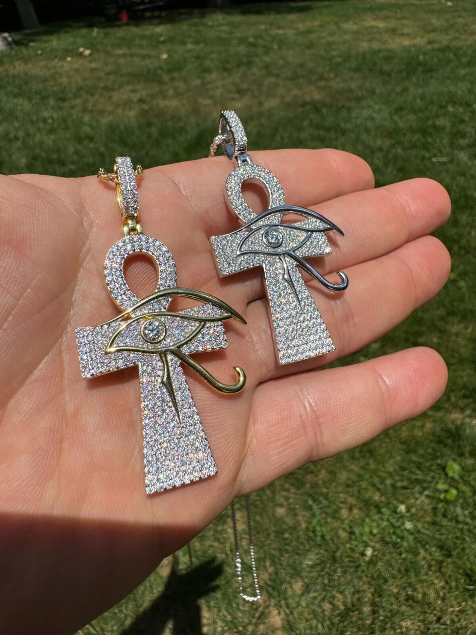 MOISSANITE Ankh Cross W. Eye Of Horus Pendant - 14k Gold Vermeil Or 925 Silver - Large 2.5"