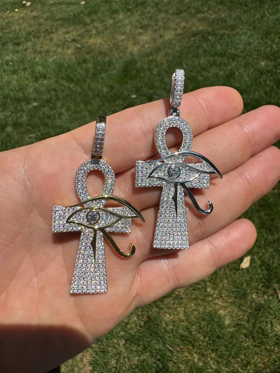 MOISSANITE Ankh Cross W. Eye Of Horus Pendant - 14k Gold Vermeil Or 925 Silver - Large 2.5"