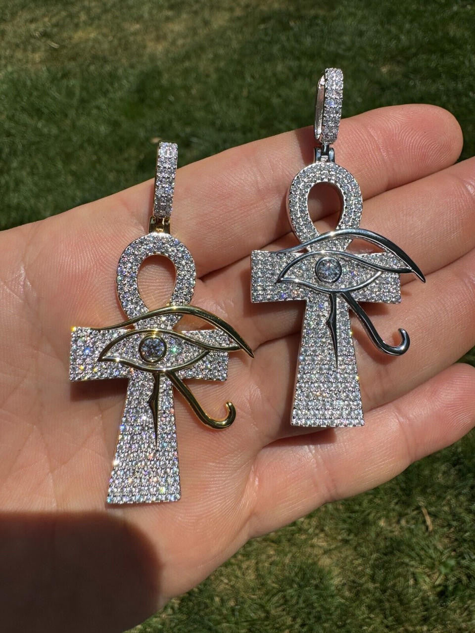 MOISSANITE Ankh Cross W. Eye Of Horus Pendant - 14k Gold Vermeil Or 925 Silver - Large 2.5"