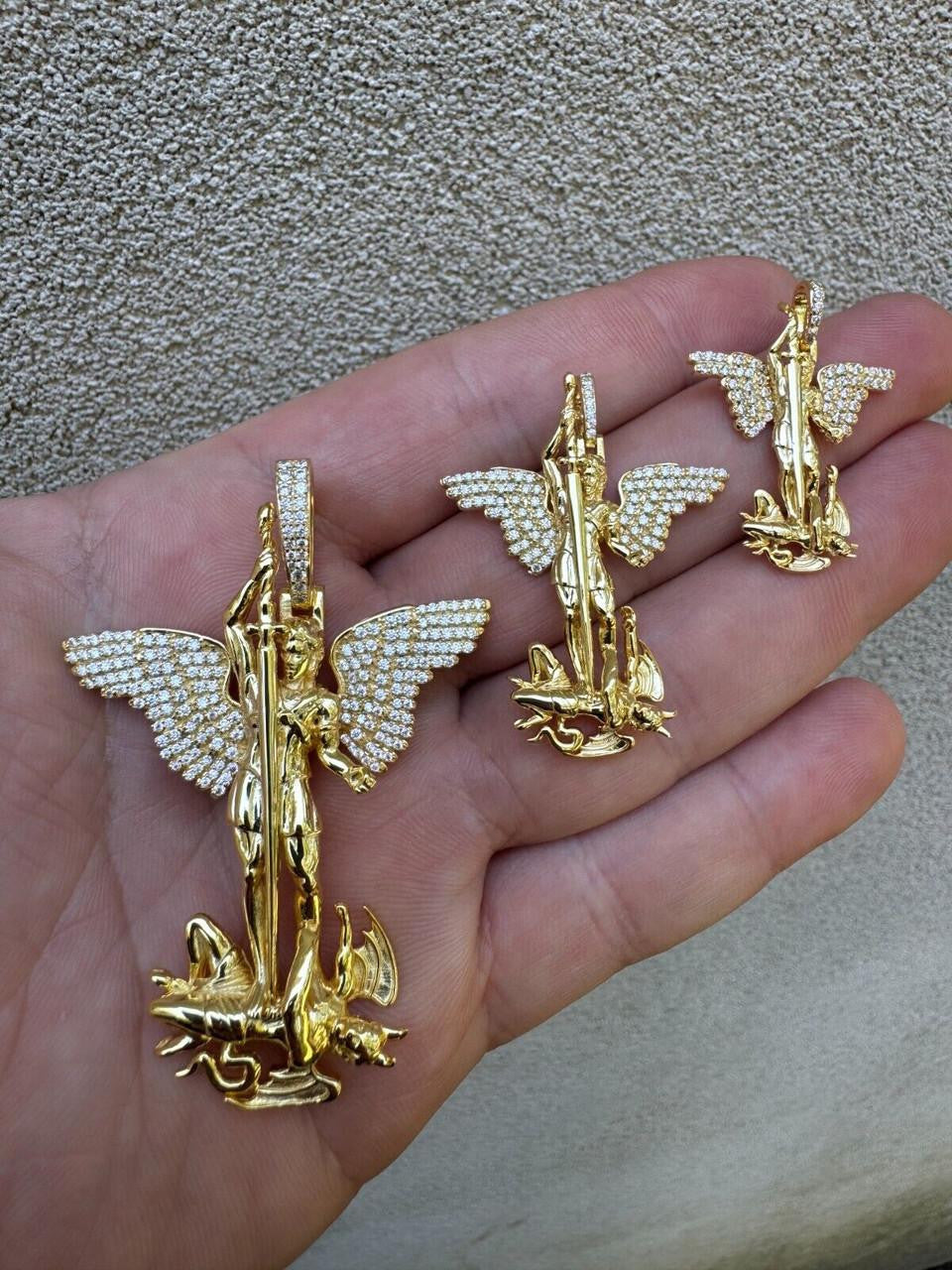 MOISSANITE Artwork Saint St Michael Slaying Dragon Archangel Pendant - 14k Gold Vermeil 925 Silver - 3 Sizes 1"-3"