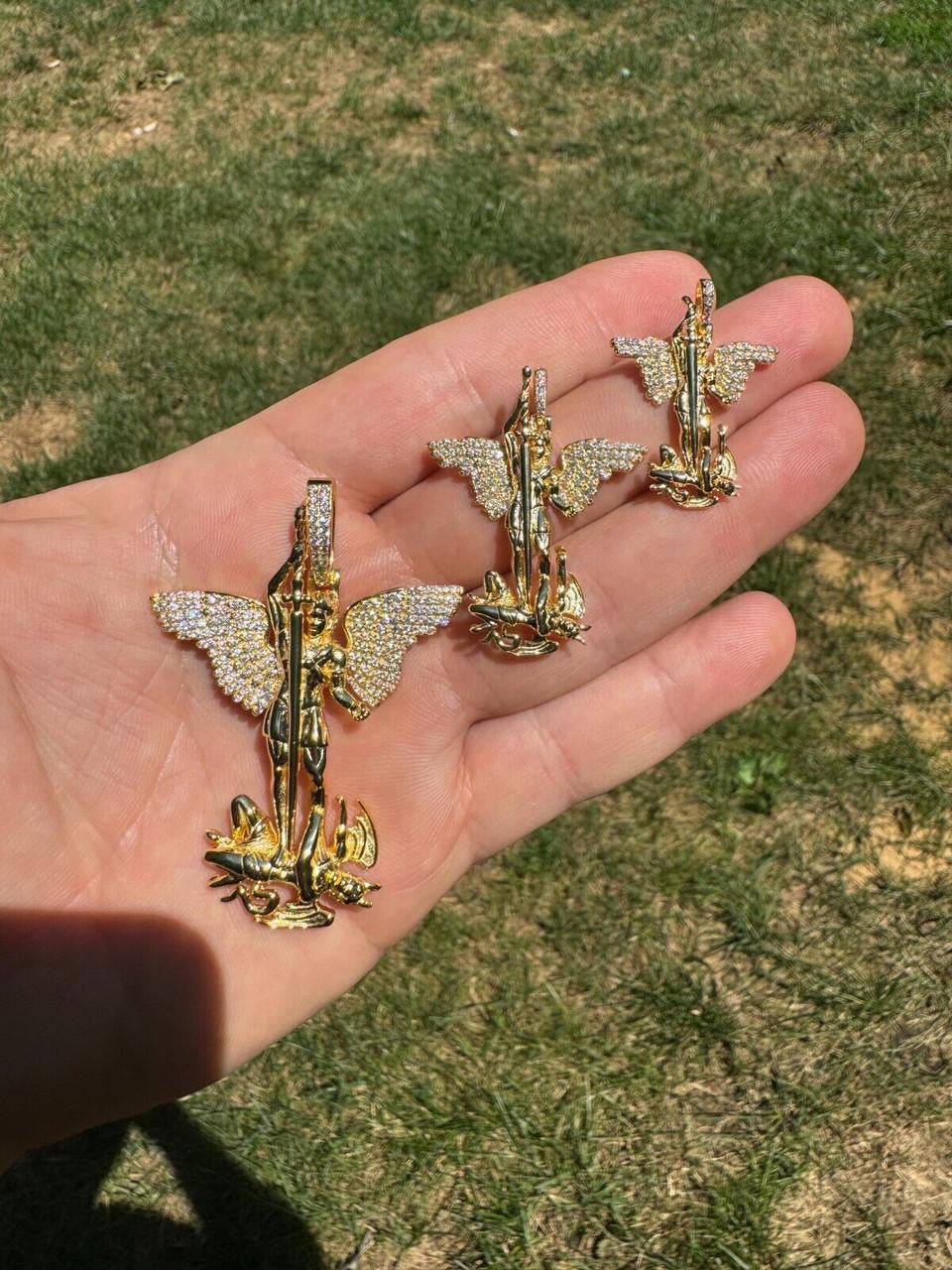 MOISSANITE Artwork Saint St Michael Slaying Dragon Archangel Pendant - 14k Gold Vermeil 925 Silver - 3 Sizes 1"-3"