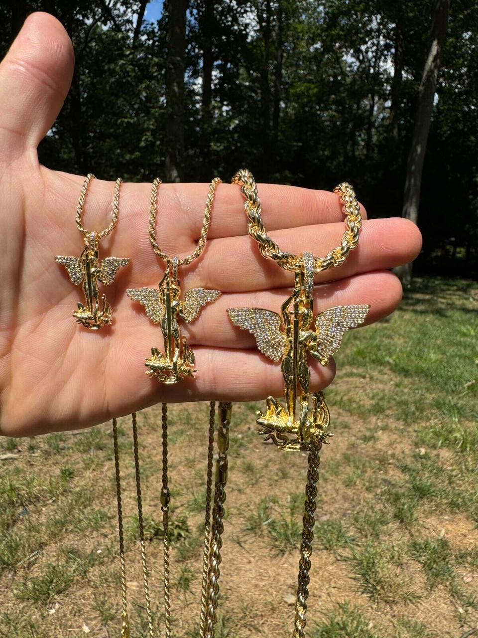 MOISSANITE Artwork Saint St Michael Slaying Dragon Archangel Pendant - 14k Gold Vermeil 925 Silver - 3 Sizes 1"-3"