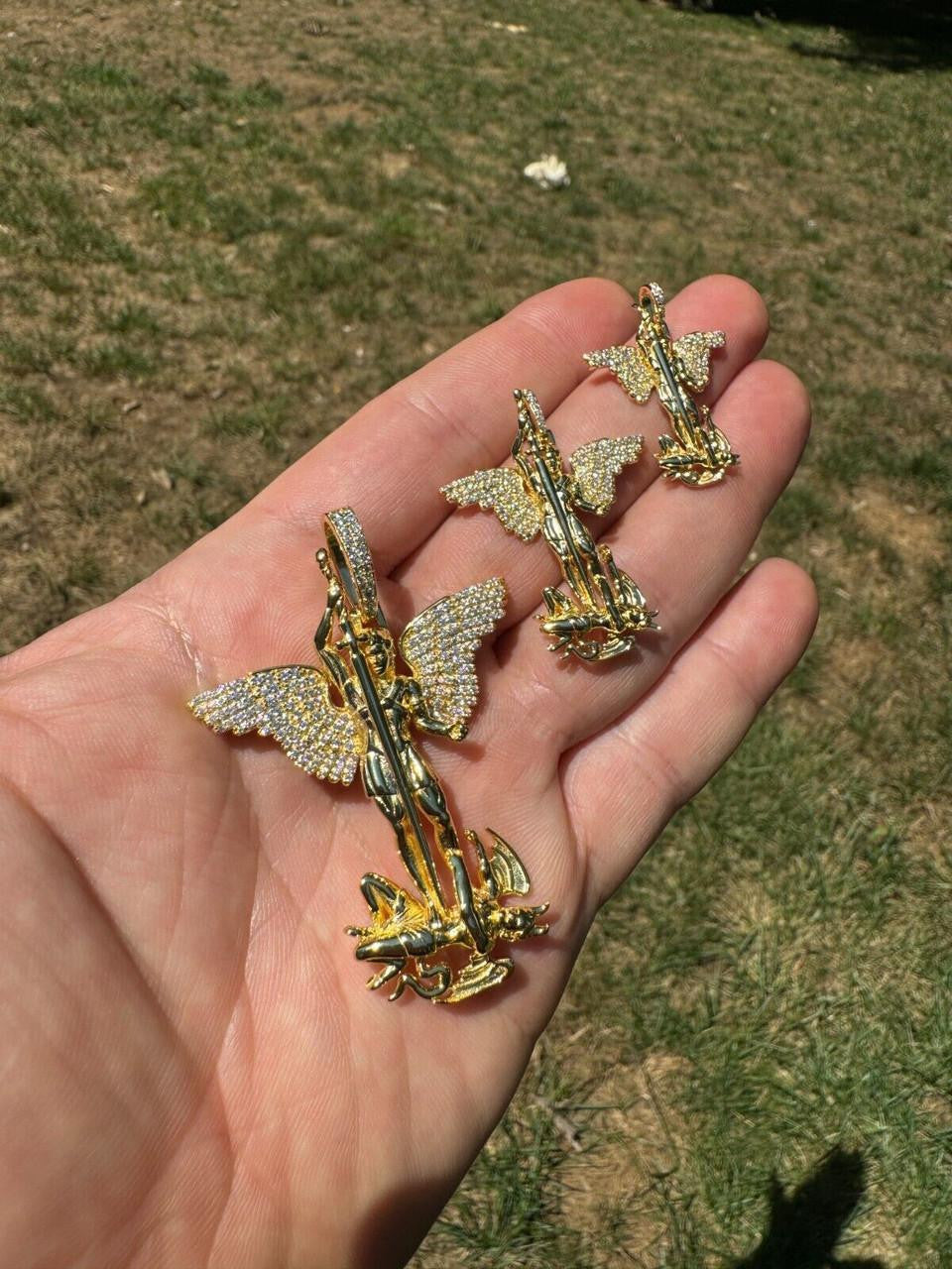 MOISSANITE Artwork Saint St Michael Slaying Dragon Archangel Pendant - 14k Gold Vermeil 925 Silver - 3 Sizes 1"-3"
