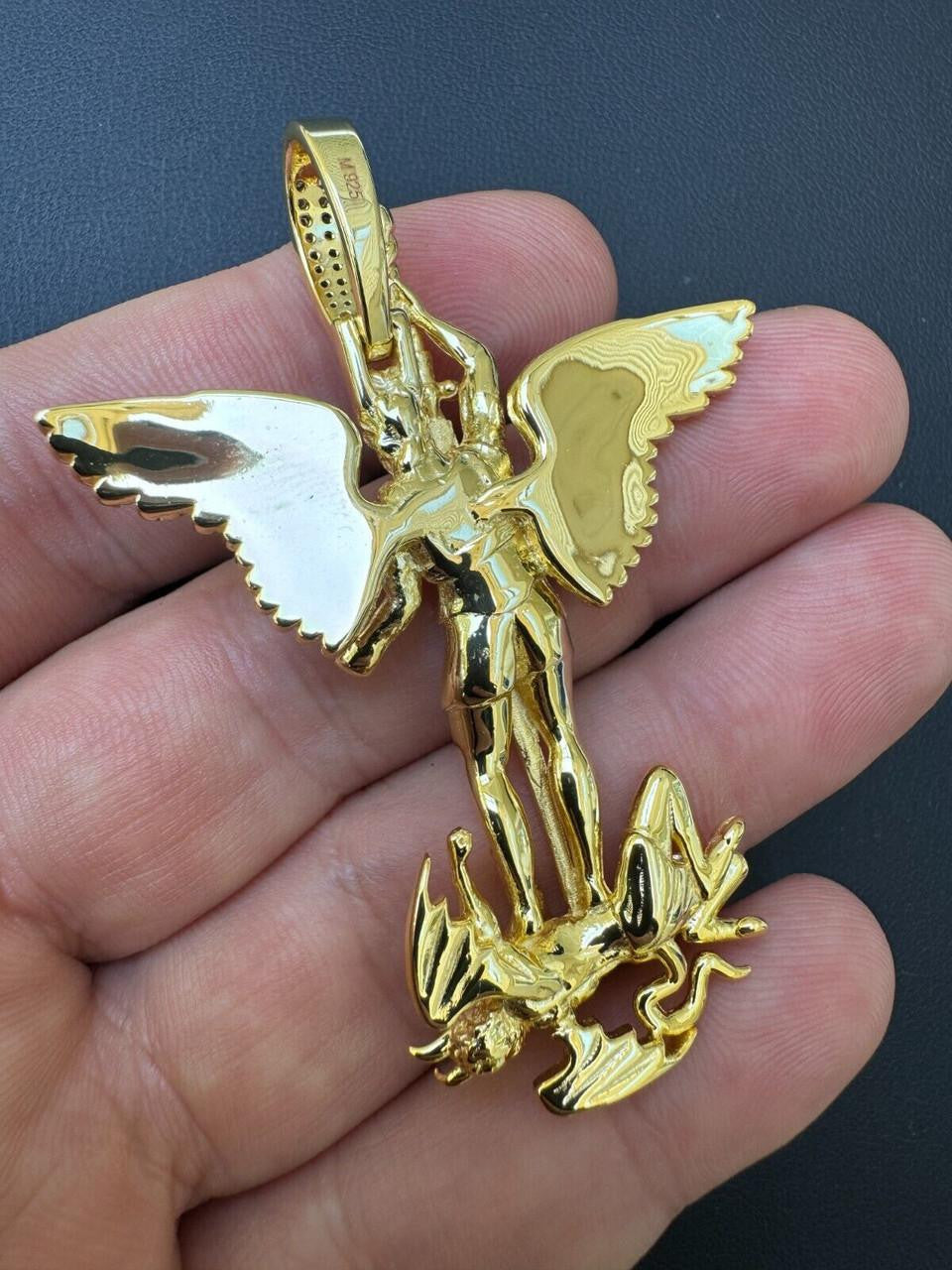 MOISSANITE Artwork Saint St Michael Slaying Dragon Archangel Pendant - 14k Gold Vermeil 925 Silver - 3 Sizes 1"-3"