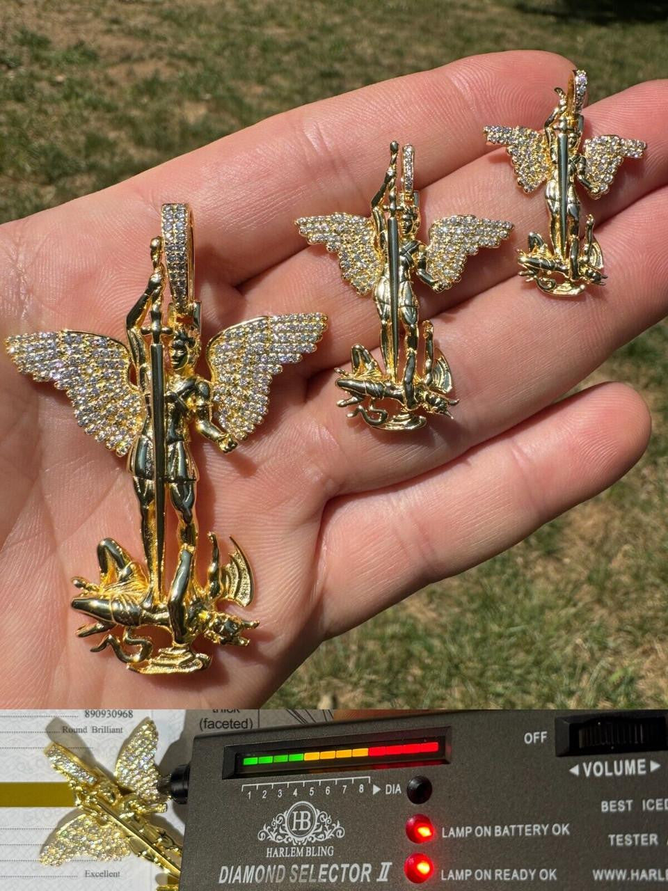 MOISSANITE Artwork Saint St Michael Slaying Dragon Archangel Pendant - 14k Gold Vermeil 925 Silver - 3 Sizes 1"-3"