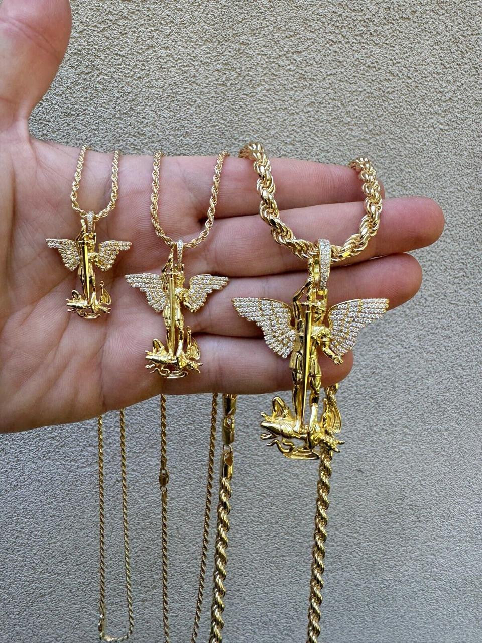 MOISSANITE Artwork Saint St Michael Slaying Dragon Archangel Pendant - 14k Gold Vermeil 925 Silver - 3 Sizes 1"-3"