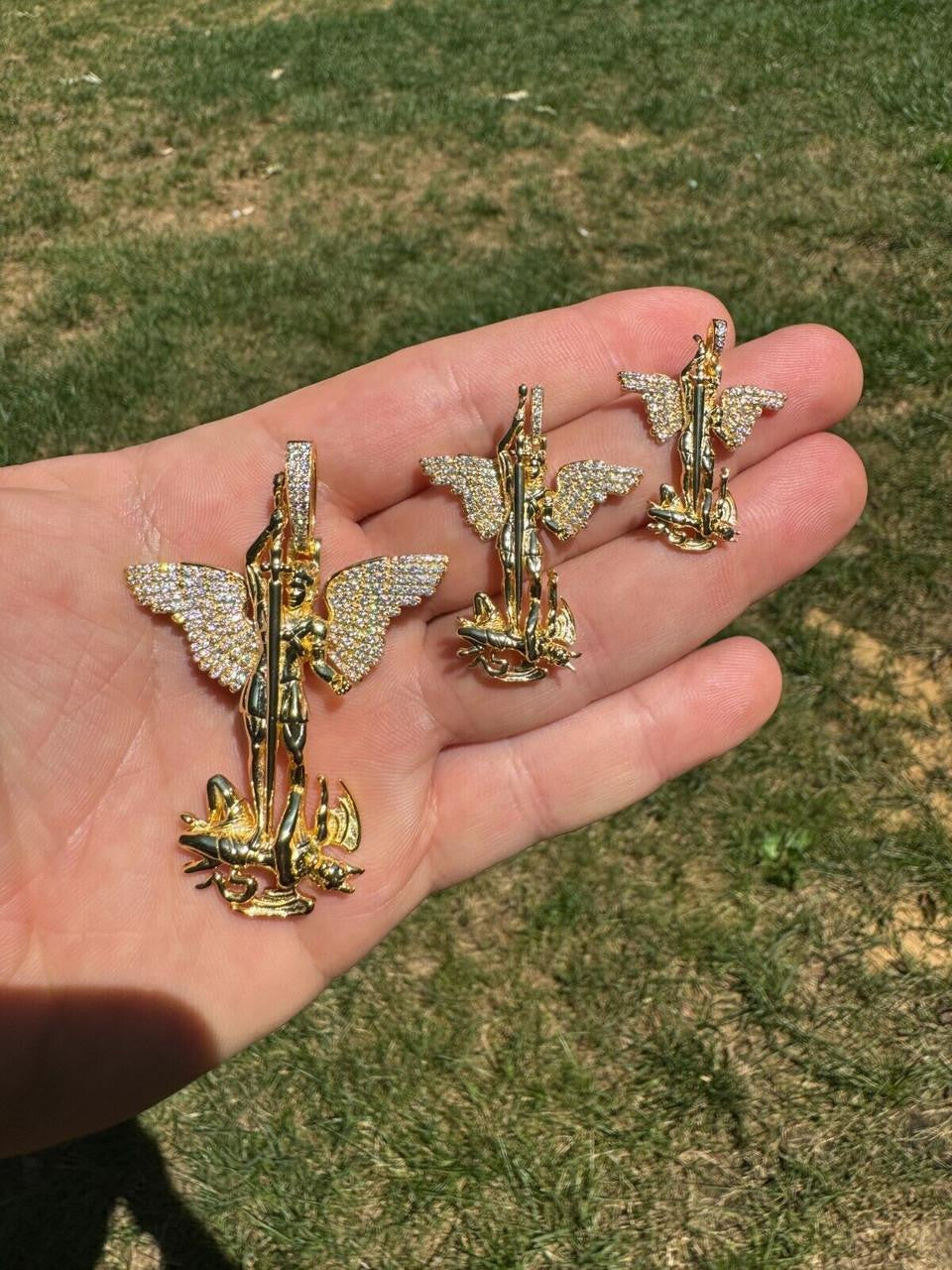 MOISSANITE Artwork Saint St Michael Slaying Dragon Archangel Pendant - 14k Gold Vermeil 925 Silver - 3 Sizes 1"-3"