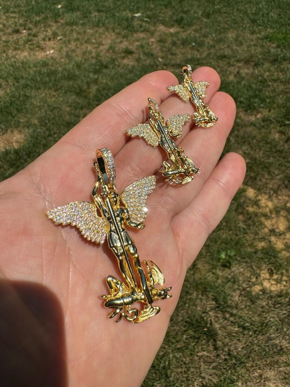 MOISSANITE Artwork Saint St Michael Slaying Dragon Archangel Pendant - 14k Gold Vermeil 925 Silver - 3 Sizes 1"-3"