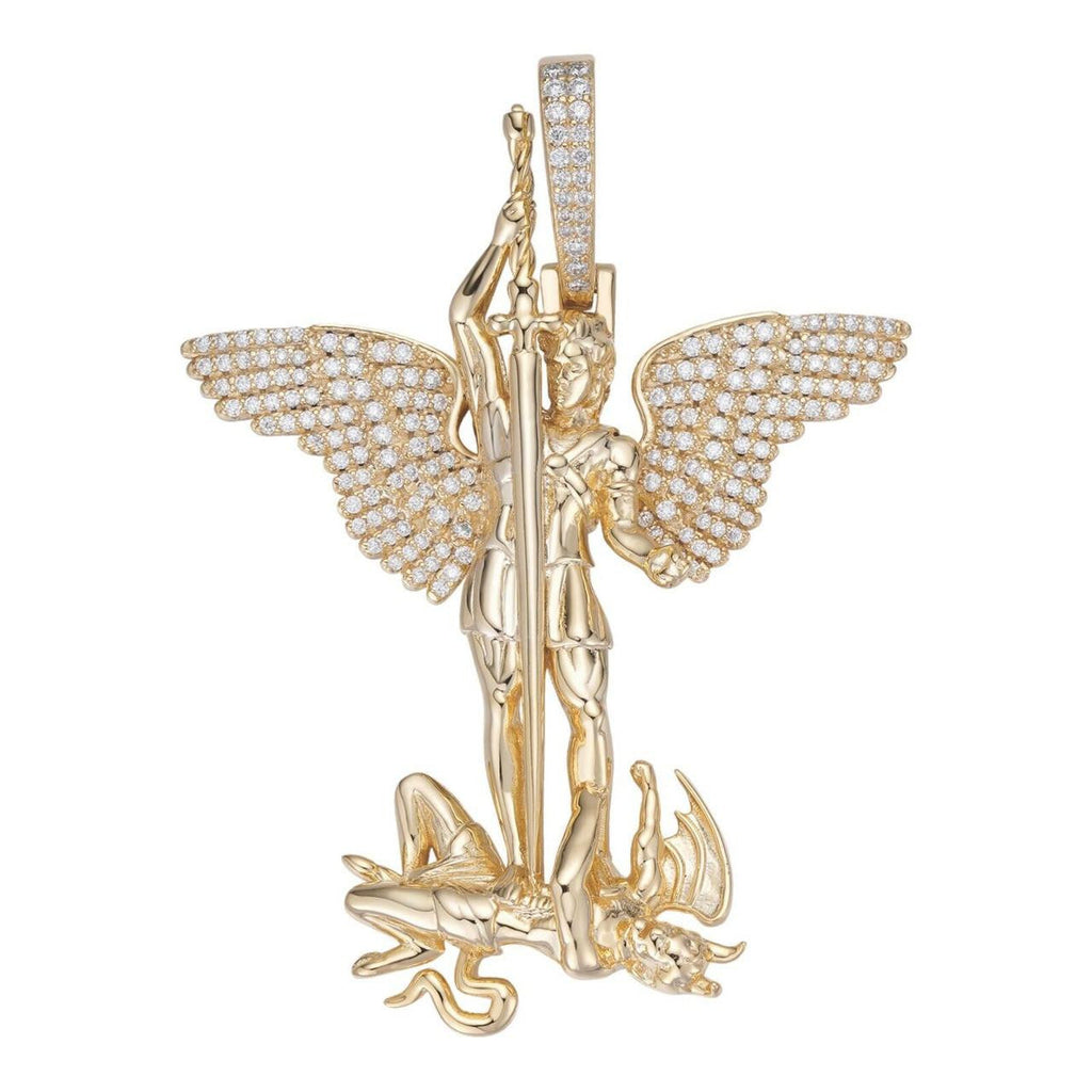 MOISSANITE Artwork Saint St Michael Slaying Dragon Archangel Pendant - 14k Gold Vermeil 925 Silver - 3 Sizes 1"-3"