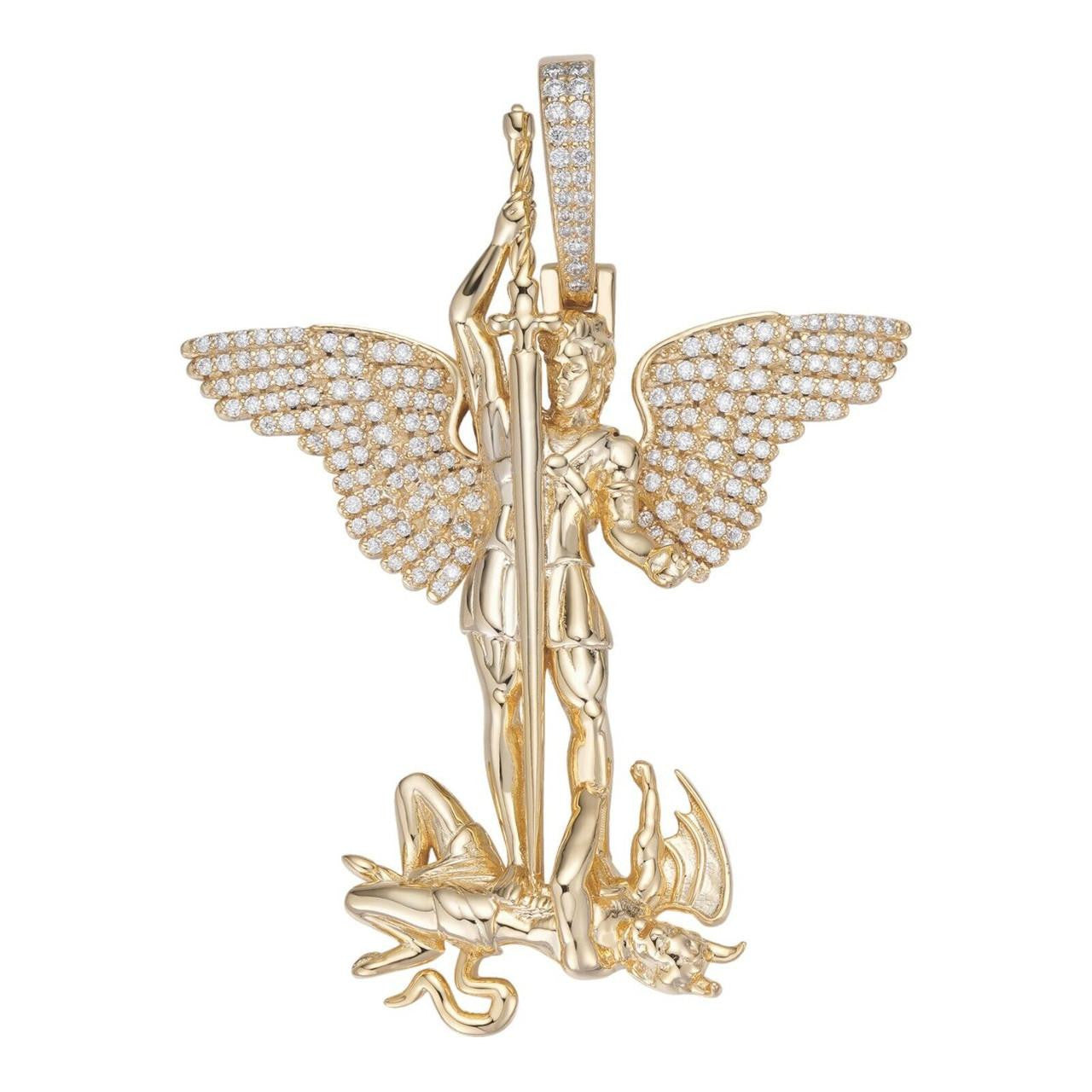 MOISSANITE Artwork Saint St Michael Slaying Dragon Archangel Pendant - 14k Gold Vermeil 925 Silver - 3 Sizes 1"-3"