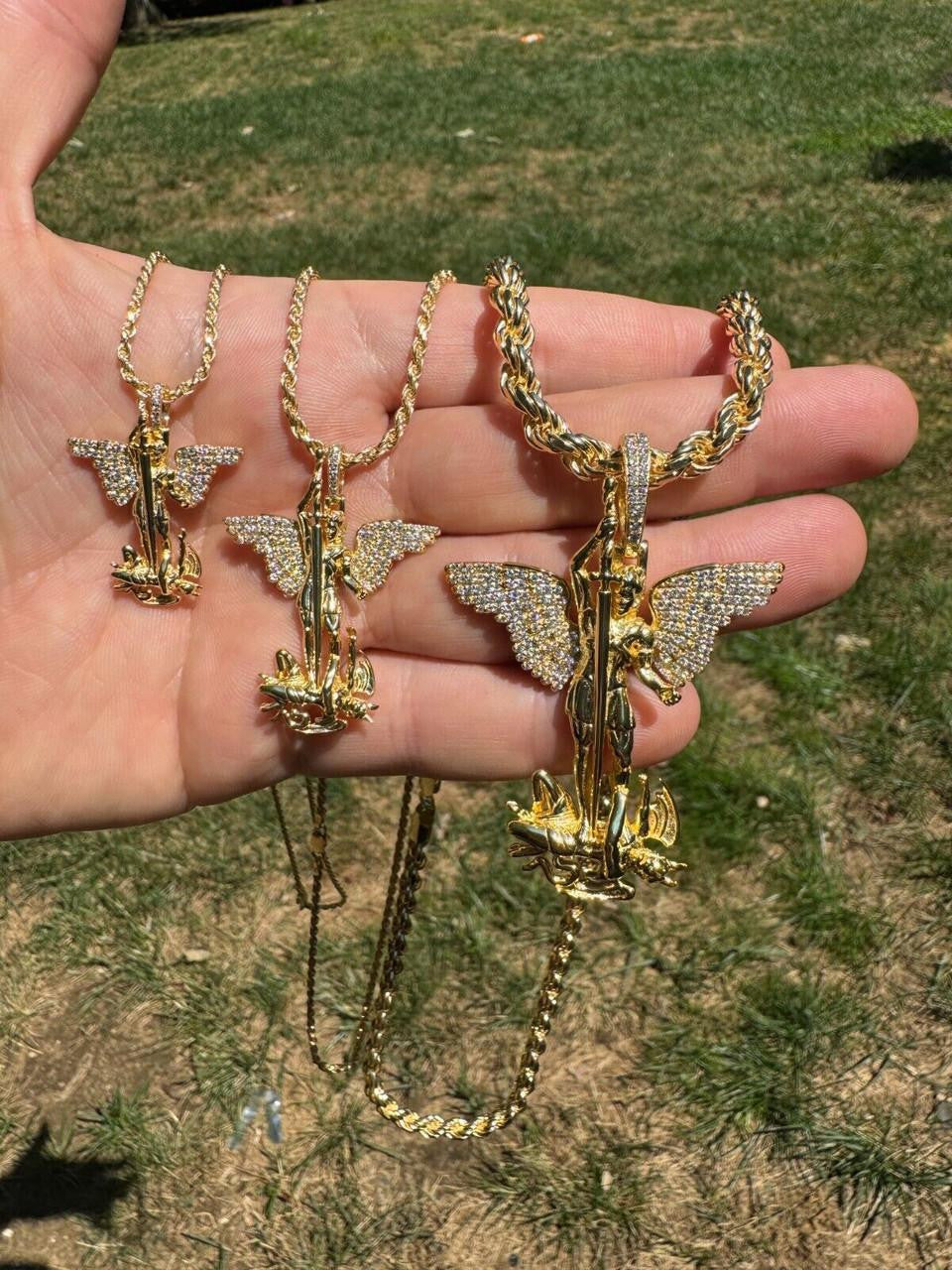 MOISSANITE Artwork Saint St Michael Slaying Dragon Archangel Pendant - 14k Gold Vermeil 925 Silver - 3 Sizes 1"-3"