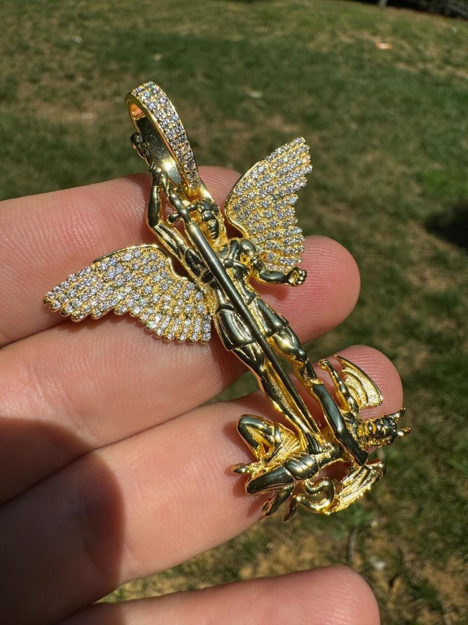 MOISSANITE Artwork Saint St Michael Slaying Dragon Archangel Pendant - 14k Gold Vermeil 925 Silver - 3 Sizes 1"-3"