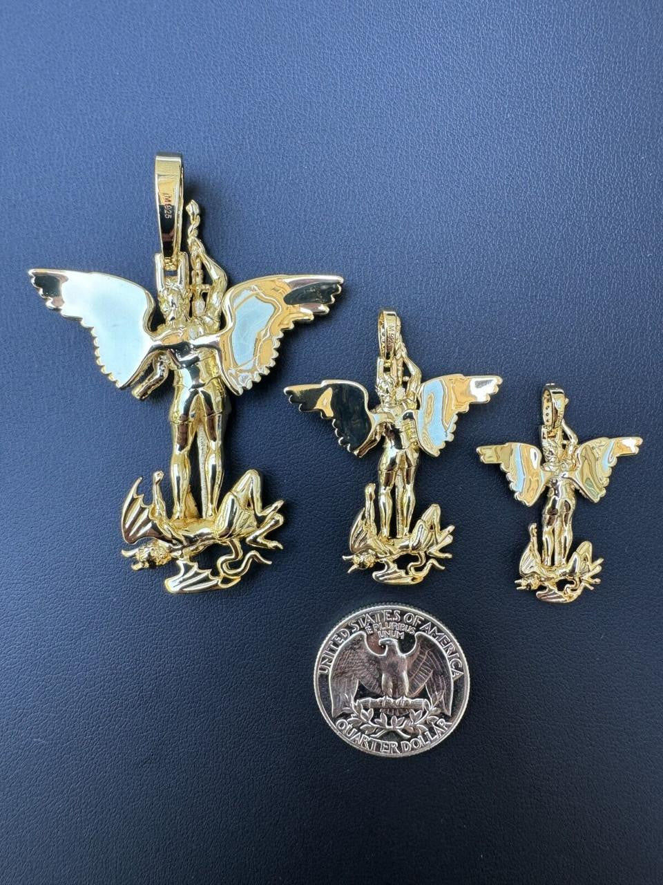 MOISSANITE Artwork Saint St Michael Slaying Dragon Archangel Pendant - 14k Gold Vermeil 925 Silver - 3 Sizes 1"-3"