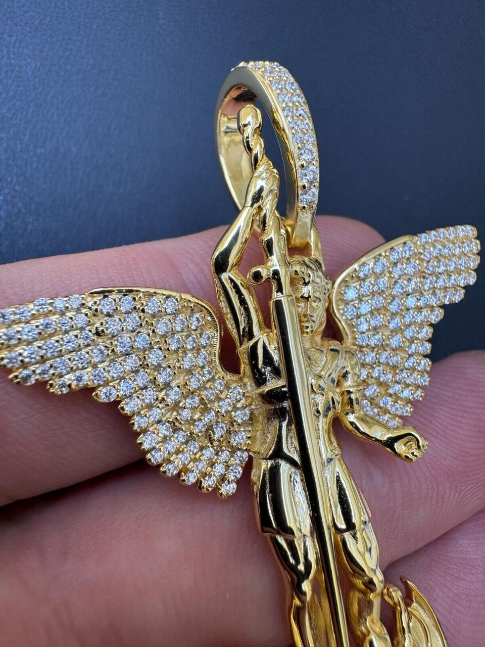 MOISSANITE Artwork Saint St Michael Slaying Dragon Archangel Pendant - 14k Gold Vermeil 925 Silver - 3 Sizes 1"-3"
